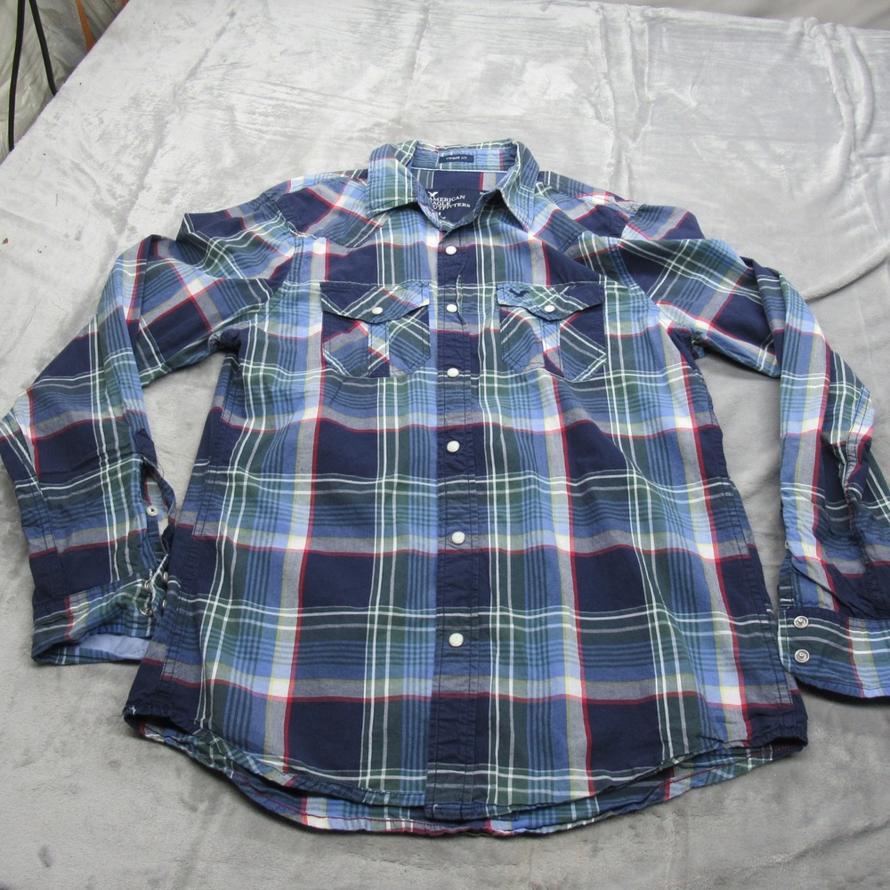 American Eagle Shirt Mens Medium Blue Plaid Vintage Fit Pearl Snap Eagle Logo